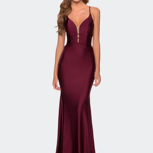 La Femme Dark Berry Strappy Back Knotted Detail Gown - Picture 3 of 5